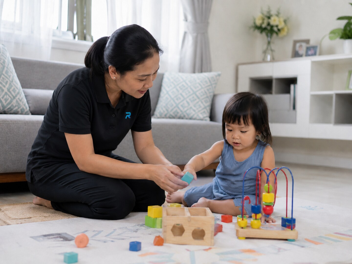 Ready Maid helper in a black polo playing safely with a young child at home